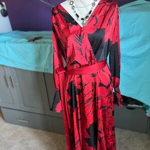 New York & Company Red and Black Long Sleeve Dress